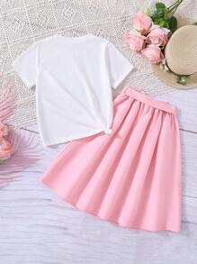 Tween Girls Cartoon Print T-Shirt & Waist-Tied Skirt Set – Cute 2-Piece Outfit