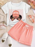 Tween Girls Cartoon Print T-Shirt & Shorts Set – Casual 2-Piece Summer Outfit