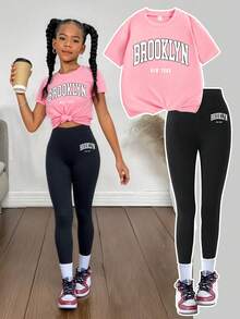 Tween Girls Lettering Graphic T-Shirt & Leggings Set – Casual 2-Piece Outfit