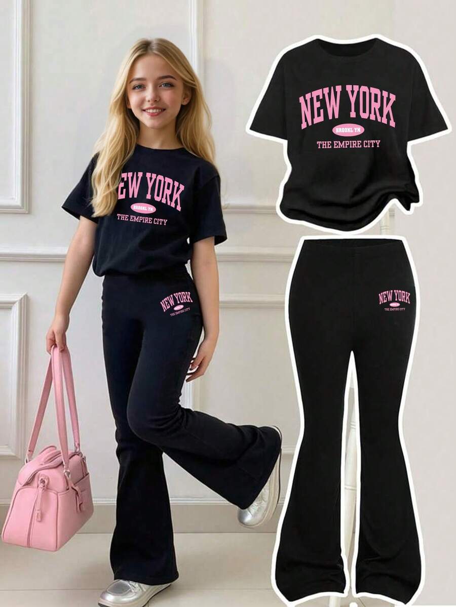 Tween Girls Letter Print T-Shirt & Flare Pants Set – Casual 2-Piece Outfit