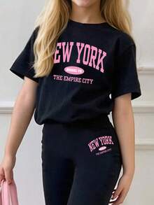 Tween Girls Letter Print T-Shirt & Flare Pants Set – Casual 2-Piece Outfit