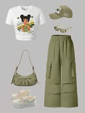 Tween Girls Cartoon Graphic Print T-Shirt & Cargo Pants Set – Casual Streetwear Outfit