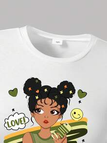 Tween Girls Cartoon Graphic Print T-Shirt & Cargo Pants Set – Casual Streetwear Outfit