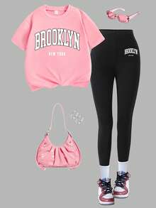 Tween Girls Lettering Graphic T-Shirt & Leggings Set – Casual 2-Piece Outfit