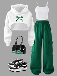 Tween Girls Bow Print Hoodie Top, Camisole & Pants Set – 3-Piece Casual Outfit