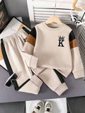 Tween Boys Letter Print Color Block Sweatshirt & Pants Set – Warm 2-Piece Outfit
