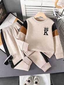 Tween Boys Letter Print Color Block Sweatshirt & Pants Set – Warm 2-Piece Outfit