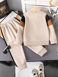 Tween Boys Letter Print Color Block Sweatshirt & Pants Set – Warm 2-Piece Outfit