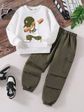 Boys Bear Print Long Sleeve Top & Solid Pants Set – Casual 2-Piece Outfit for Kids