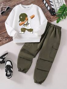 Boys Bear Print Long Sleeve Top & Solid Pants Set – Casual 2-Piece Outfit for Kids