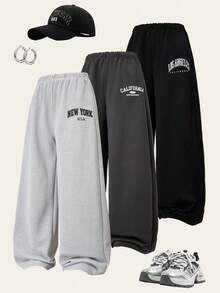 Girls 3-Pack Letter Print Sweatpants Set – Casual Everyday Jogger Pants
