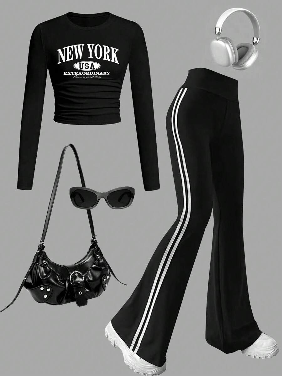 Tween Girls Letter Graphic Print Long Sleeve Top & Pants Set – Casual 2-Piece Outfit