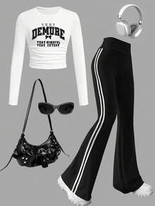 Tween Girls Letter Graphic Print Long Sleeve Top & Pants Set – Casual 2-Piece Outfit