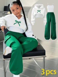 Tween Girls Bow Print Hoodie Top, Camisole & Pants Set – 3-Piece Casual Outfit