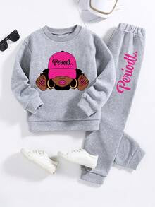 Tween Girls Cartoon Print Warm Sweatshirt & Pants Set – Cozy 2-Piece Outfit