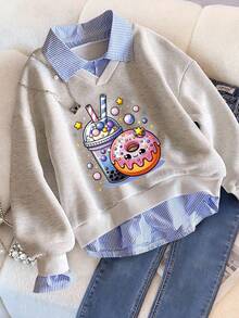 Tween Girls Cartoon Print 2-in-1 Sweatshirt – Warm Casual Pullover Top
