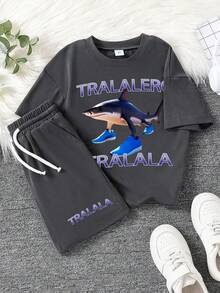 Toddler Boys Cartoon Shark Print T-Shirt & Shorts Set – 2-Piece Summer Outfit