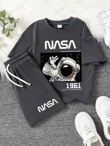 Boys Astronaut Print T-Shirt & Shorts Set – 2-Piece Casual Summer Outfit for Kids