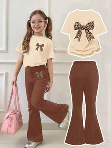 Toddler Girls Bow Print Short Sleeve Top & Skinny Flared Pants Set – Cute 2-Piece Outfit