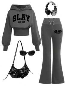 Toddler Girls Letter Print Warm Hoodie Sweatshirt & Flare Pants Set – Cozy 2-Piece Outfit