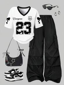 Tween Girls Numeric Print T-Shirt & Cargo Pants Set – Casual 2-Piece Outfit