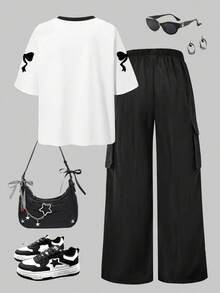 Tween Girls Numeric Print T-Shirt & Cargo Pants Set – Casual 2-Piece Outfit