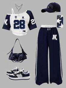 Tween Girls Letter & Number Print Oblique Shoulder Top & Pants Set – Casual 2-Piece Outfit