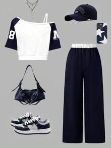 Tween Girls Letter & Number Print Oblique Shoulder Top & Pants Set – Casual 2-Piece Outfit