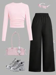 Tween Girls Letter Print Long Sleeve Top & Bow Pants Set – Casual 2-Piece Outfit