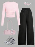 Tween Girls Letter Print Long Sleeve Top & Bow Pants Set – Casual 2-Piece Outfit