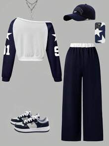 Youth Girls Numeric Print Sweatshirt & Sweatpants Set – Oblique Shoulder Casual 2-Piece Outfit