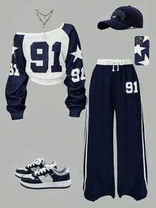 Youth Girls Numeric Print Sweatshirt & Sweatpants Set – Oblique Shoulder Casual 2-Piece Outfit