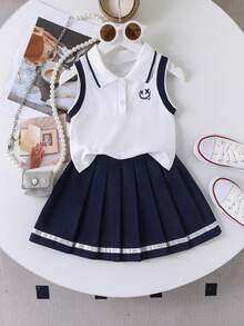 Girls Cartoon Print Polo Vest & Pleated Skirt Set – Casual 2-Piece Outfit for Kids