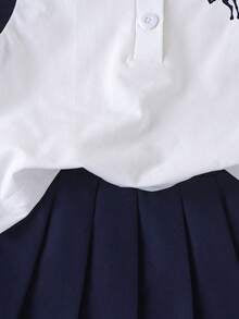 Girls Contrast Polo Shirt & Pleated Skirt Set – Knight Print Casual Outfit for Kids