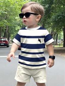 Boys Striped Knight Print T-Shirt & Shorts Set – 2-Piece Casual Summer Outfit
