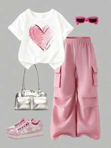 Toddler Girls' Cartoon Print Round Neck Short Sleeve Top And Cargo Pants Set