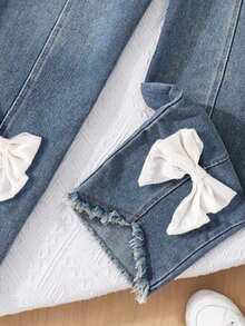 Tween Girls Bow Decor Short Sleeve Top & Denim Pants Set – Casual 2-Piece Outfit