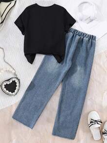 Tween Girls Bow Decor Short Sleeve Top & Denim Pants Set – Casual 2-Piece Outfit