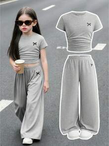 Toddler Girls Bow Print Short Sleeve Top & Loose Fit Pants Set – Casual 2-Piece Outfit
