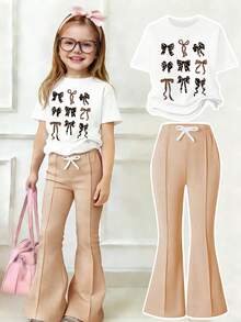 Toddler Girls Bow Graphic Print Short Sleeve Top & Flare Pants Set – 2-Piece Outfit