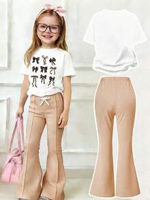 Toddler Girls Bow Graphic Print Short Sleeve Top & Flare Pants Set – 2-Piece Outfit