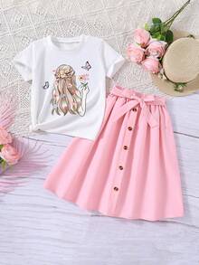 Tween Girls Cartoon Print T-Shirt & Waist-Tied Skirt Set – Cute 2-Piece Outfit