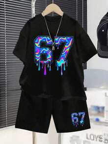 Boys 2-Piece Number Print T-Shirt & Shorts Set – Casual Summer Outfit for Kids