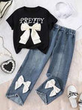 Tween Girls Bow Decor Short Sleeve Top & Denim Pants Set – Casual 2-Piece Outfit