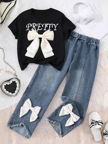 Tween Girls Bow Decor Short Sleeve Top & Denim Pants Set – Casual 2-Piece Outfit