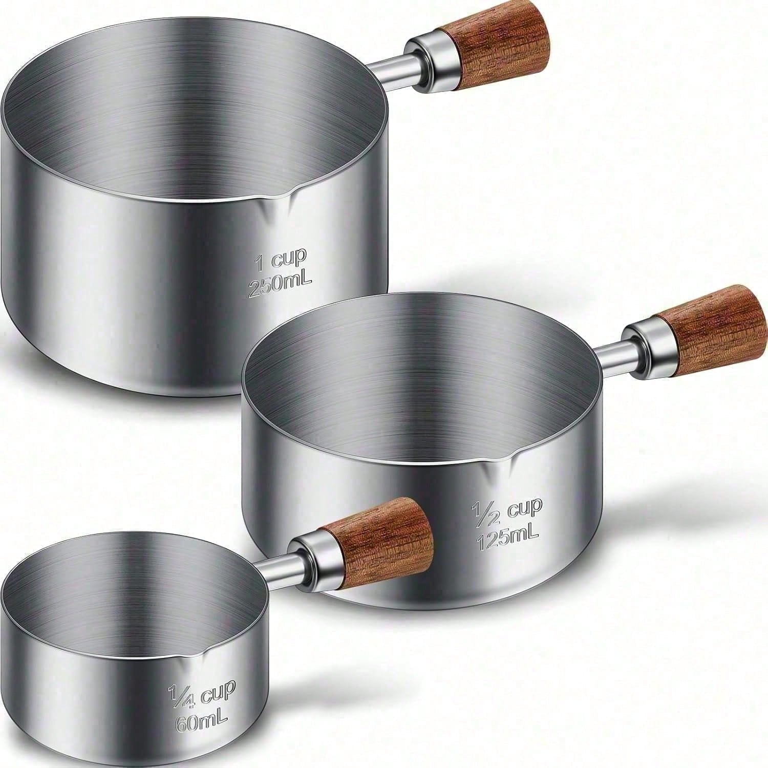 3-Piece Stainless Steel Pet Food Scoop Set – 1 Cup / 1⁄2 Cup / 1⁄4 Cup Measuring Scoops for Dogs, Cats & Small Pets