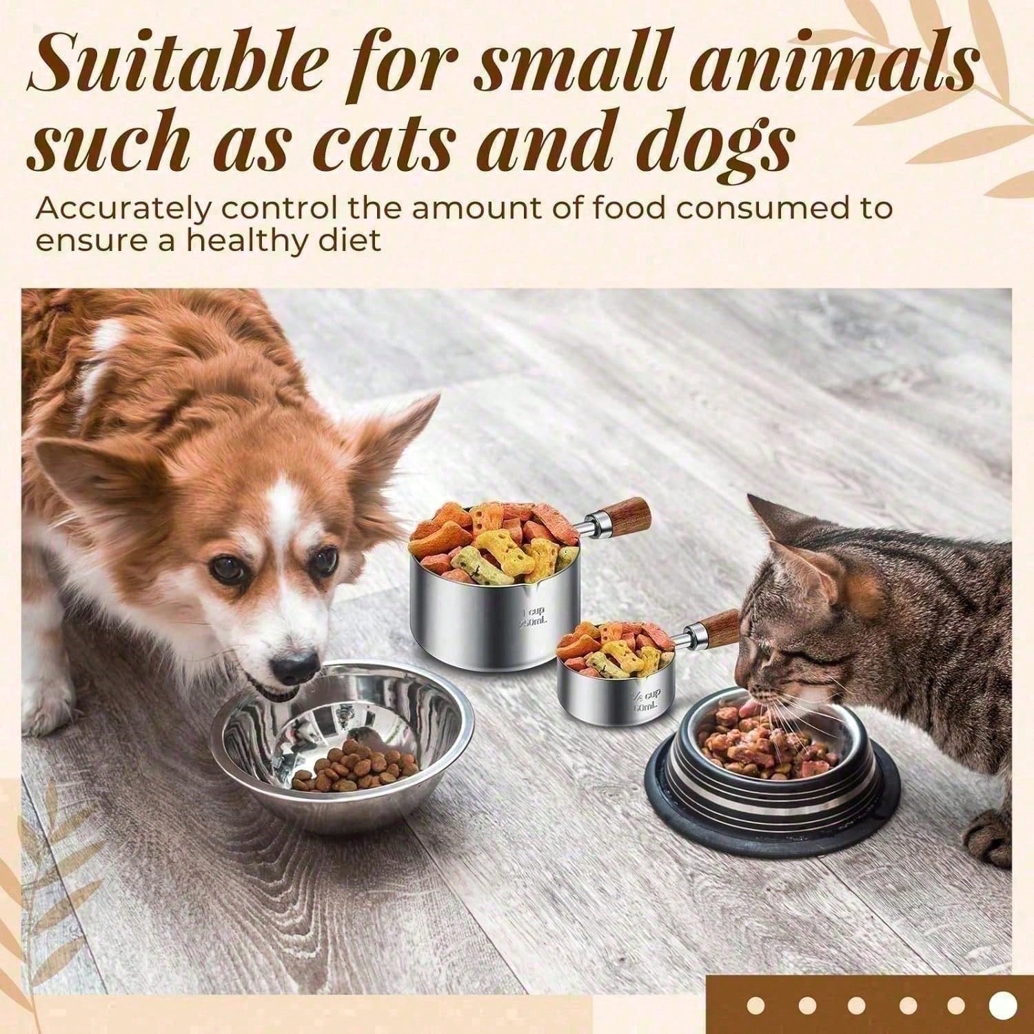 3-Piece Stainless Steel Pet Food Scoop Set – 1 Cup / 1⁄2 Cup / 1⁄4 Cup Measuring Scoops for Dogs, Cats & Small Pets