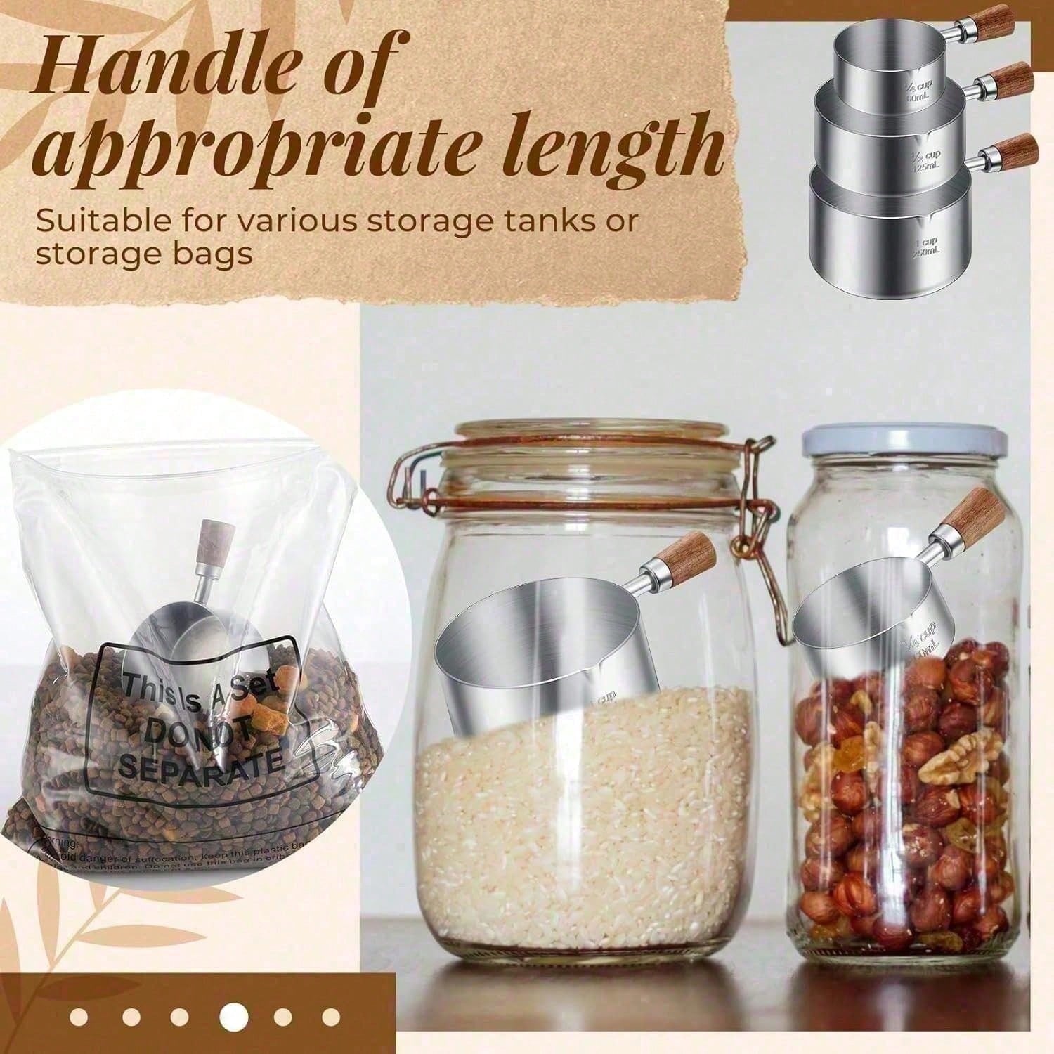 3-Piece Stainless Steel Pet Food Scoop Set – 1 Cup / 1⁄2 Cup / 1⁄4 Cup Measuring Scoops for Dogs, Cats & Small Pets