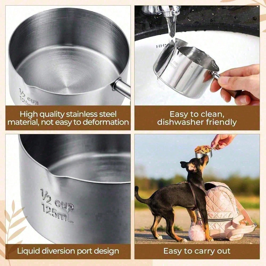 3-Piece Stainless Steel Pet Food Scoop Set – 1 Cup / 1⁄2 Cup / 1⁄4 Cup Measuring Scoops for Dogs, Cats & Small Pets