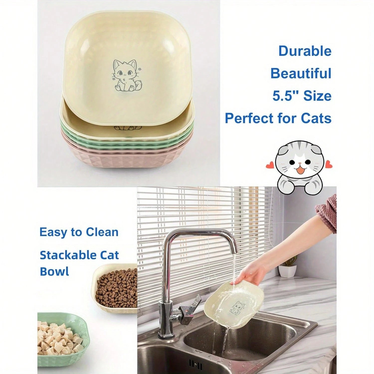 6-Piece Non-Slip Cat Bowl Set – Whisker Fatigue Relief Shallow Plates (5.5") for Wet & Dry Food